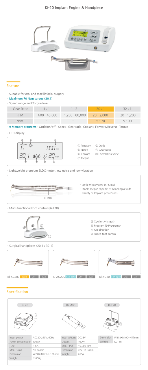Krafit Marathon Implant Motor & Non-Lighted Contra-Angle KI-20 Set