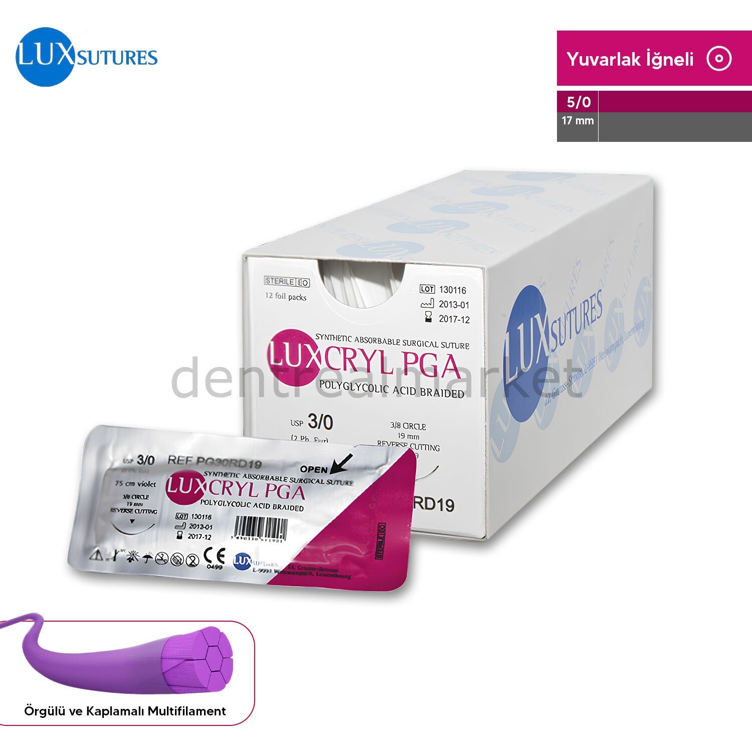 Lüx Sutures Luxcryl PGA Absorbable Surgical Suture Round Needle 5/0 17 mm EXP 05/2027