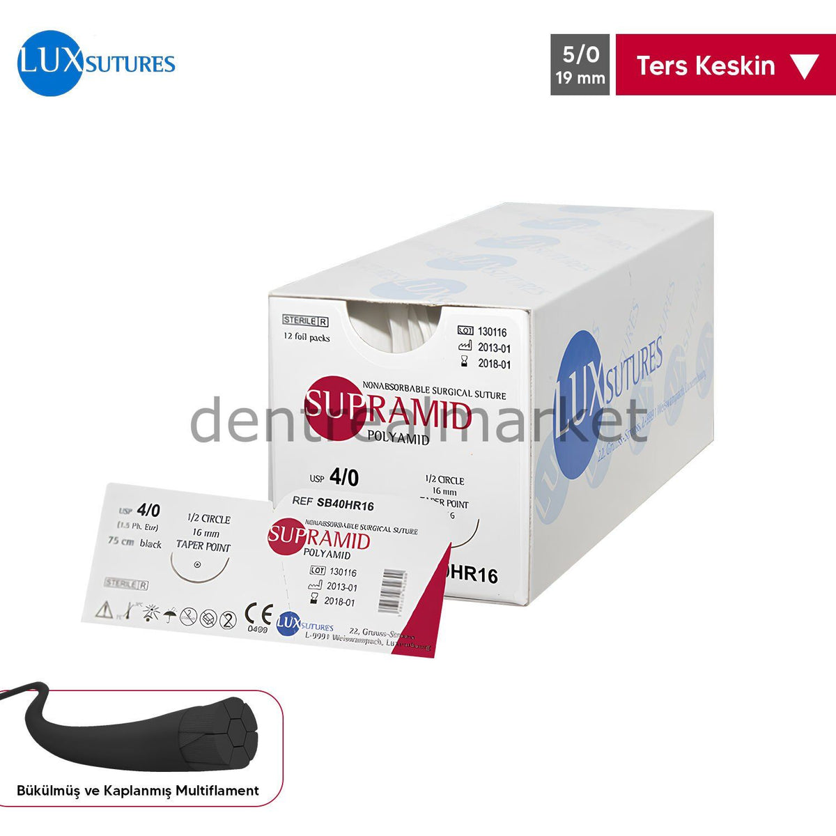 Lux Sutures Supramid Polyamide Coated Multifilament Suture Reverse Cutting 5/0 19 mm